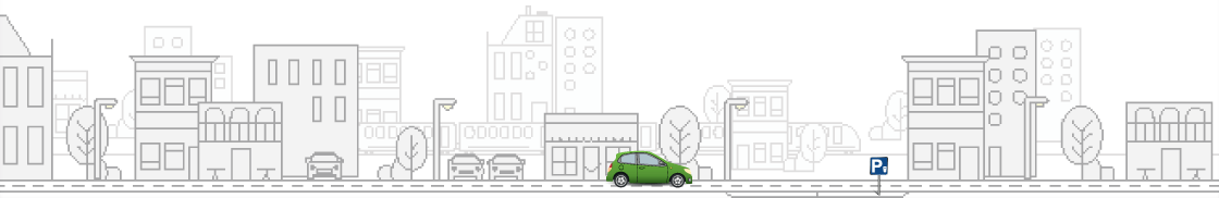 Un paysage en dessin avec une voiture verte en premier plan et un panneau de parking - Felicitta Parc, stationnements et parking à Sète